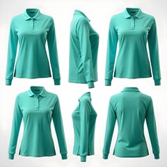 Teal Long Sleeve Women's Polo Shirt - Multiple Angles