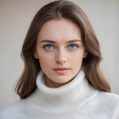 Portrait of a Young Woman with Blue Eyes Wearing a Cream-Colored Turtleneck Sweater