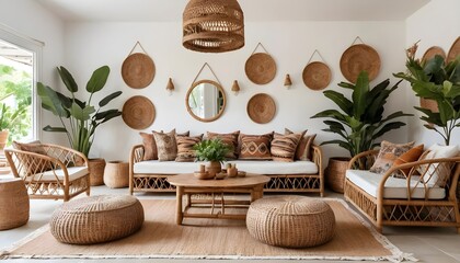 Bohemian Chic Living Room Interior with Rattan Furniture and Woven Decor