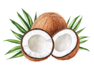 Fresh coconut fruit with green leaves for tropical themes and designs, cut out
