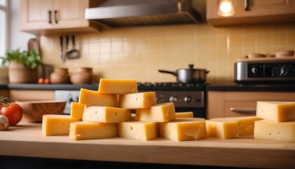Stack of Cheese Blocks in Kitchen Setting
