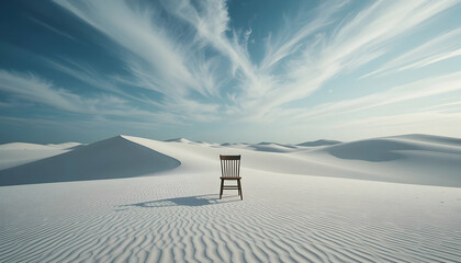 Lone Chair on White Dunes, Rippled Sand, Expansive Sky