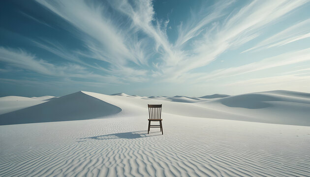 Lone Chair on White Dunes, Rippled Sand, Expansive Sky