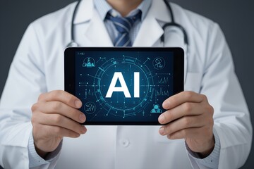 Close-up of doctor's hands holding a tablet with AI medical data, clean background, realistic style