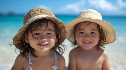 リゾート地で笑顔の女児二人