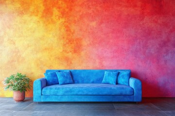 Contemporary living room features bright wall and comfortable blue couch