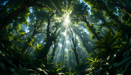 Fototapeta premium Sunbeams Piercing Lush Forest Canopy, Verdant Foliage, Low Angle View, Ethereal Light.
