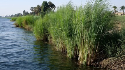 A close-up of the papyrus plant growing along the edge of the Nile River, with tall green stalks swaying gently in the breeze 