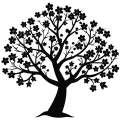 Obraz premium Black Silhouette of a Flowering Tree Vector Illustration: Elegant Floral Design, Nature Art, Blossom Tree Graphic, Isolated on White
