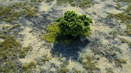 A drought-stricken area with a vibrant tree at the center forming green surroundings