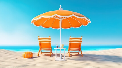 Relaxing Beach Scene with Umbrella, Chairs, and Inflatable Ring on Sand