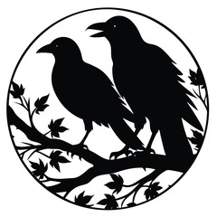 Obraz premium Black Crow Silhouette Art: Two Ravens on Branch, Round Vector Graphic, Bird Illustration, Nature Design, Wildlife Symbol