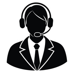 Customer Service Icon: Black & White Vector Illustration of a Call Center Agent with Headset in Suit & Tie for Support Services