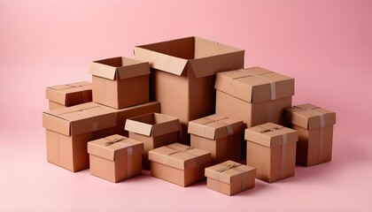 Stack of Cardboard Boxes on Pink Background