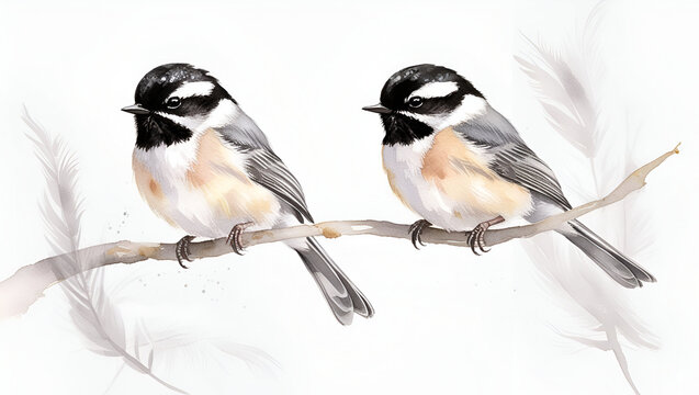 Hand painted watercolor artwork of black capped chickadee birds clean white background