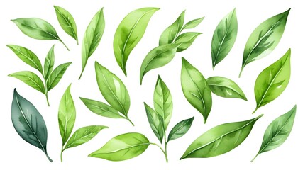 Fototapeta premium Watercolor Green Tea Leaves Collection