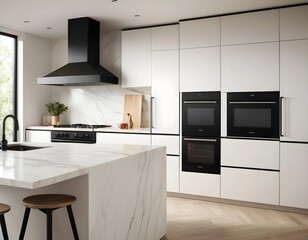 Modern Kitchen with Black Appliances and Marble Island