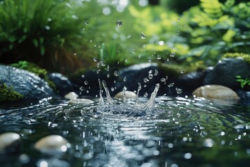 A small pond with water gushing from the bottom, surrounded by rocks and lush greenery in an outdoor garden setting. 