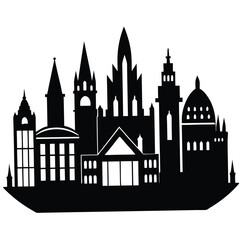 Black Silhouette Skyline Illustration: Cityscape with Architectural Landmarks and Buildings Vector Graphic Design