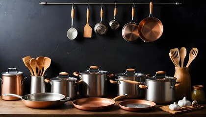 Copper and Stainless Steel Cookware Set with Wooden Utensils