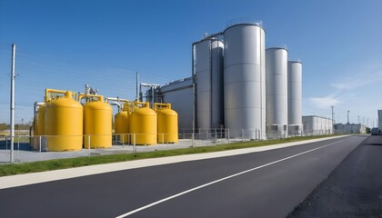 Obraz premium Industrial Plant with Yellow and Gray Storage Tanks