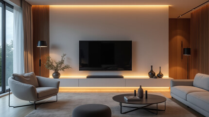 Modern minimalist living room interior with ambient LED lighting, large flat screen TV, cozy neutral furniture, wooden wall panels and elegant contemporary design for stylish home inspiration