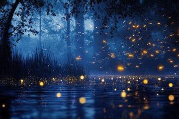 Obraz premium Enchanted night scene with fireflies illuminating a tranquil lake and dark forest.
