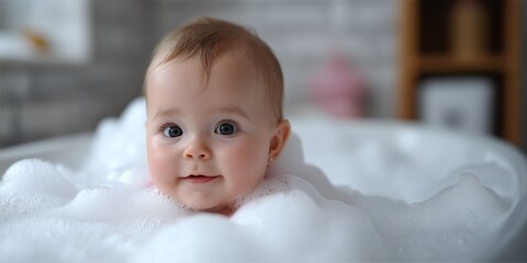 Little kid in bath with foam smiles, looking lovely. Care for baby, cleanliness and hygiene concept for beauty products, design and greeting card