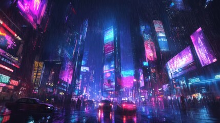 A futuristic city street at night under the rain