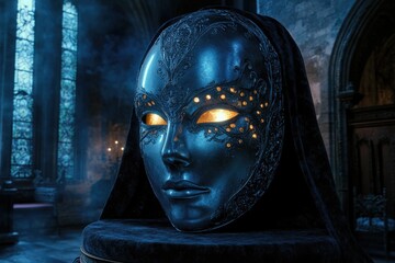 An ornate, glowing metal mask rests on a velvet stand within a dimly lit gothic cathedral.
