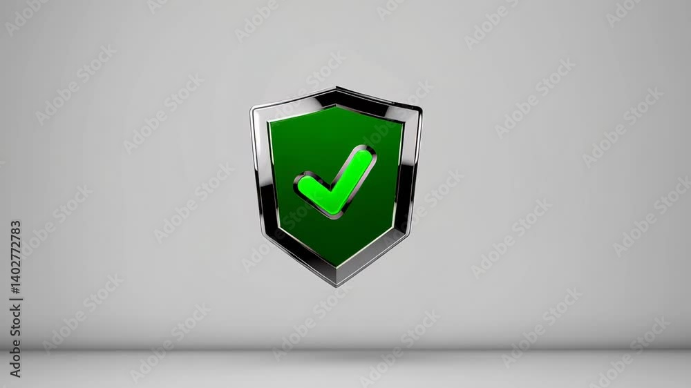Poster metallic shield displaying green checkmark bouncing against white background, symbolizing digital se