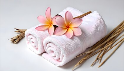 Spa Treatment Rolled Towels with Plumeria Flowers and Bamboo