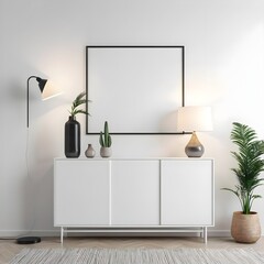 Modern Minimalist Living Room Interior with White Cabinet and Plants