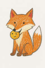 Naklejka premium The playful pencil sketch mimics a child's drawing. A cute orange fox sits proudly with a smiling round cookie-like character in its mouth, referencing the classic fairytale of the Kolobok.