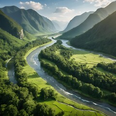 Serpentine River Winding Through Lush Green Valley
