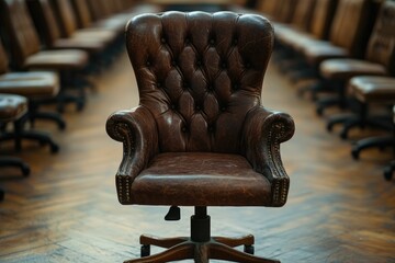 An old brown leather office chair with an elegant and detailed buttoned back, sitting in the middle of rows of other chairs in front of wooden floors.