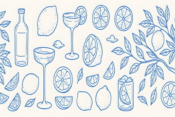 手描きレモンとドリンクの青色ラインアートコレクション
