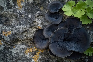 Black trumpet mushrooms on a stone wall, photographed from above.