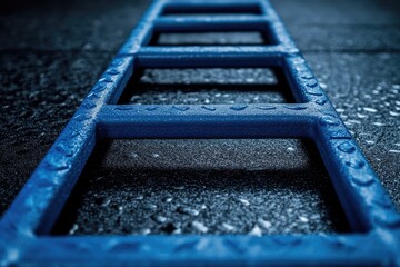 A straight, blue ladder made of rubber against a black background, captured through macro photography.