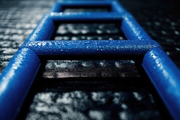 A straight, blue ladder made of rubber against a black background, captured through macro photography.