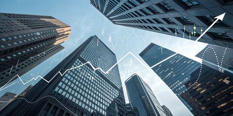 Worm's eye view of skyscrapers with upward trending line graphs against a blue sky background