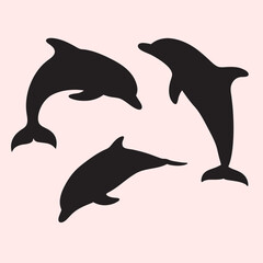 Dolphins set vector silhouette in different styles.