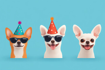 Obraz premium Chihuahua dog, Chihuahuas celebrating with festive party hats in a vibrant flat illustration.