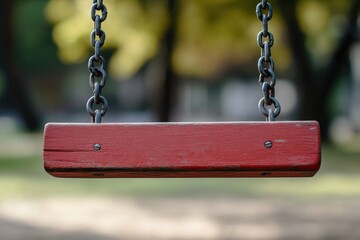 Close-up of a red wooden bar hanging from a metal chain in a playground.