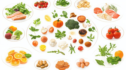 vibrant assortment of healthy foods including vegetables, fruits, nuts, and proteins arranged artistically on plates, showcasing balanced diet and promoting wellness