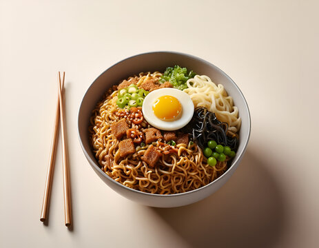 indonesian mie goreng served in a bright, minimalist setting. Topped with a fried egg, colorful pickled vegetables, the dish pops against a clean white background.