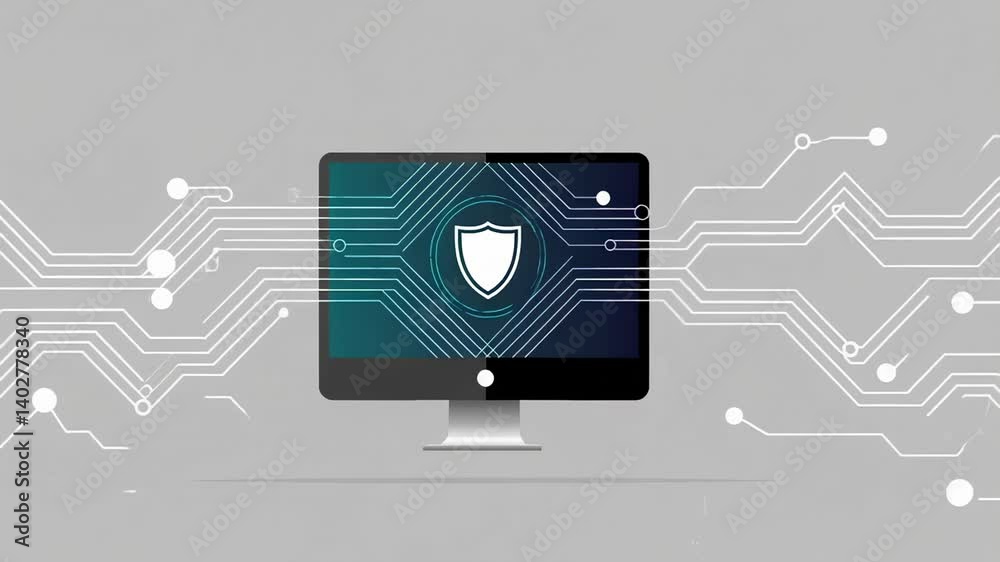 Poster Security software is activating on a computer, showing a shield icon on the screen with animated circuit lines in the background, symbolizing digital protection and secure login