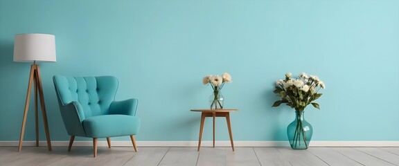 Fototapeta premium Teal Room Interior with Armchair, Flowers, and Lamp