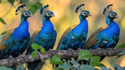 Four peacocks perched on branch, jungle, sunrise, nature, wildlife