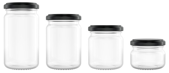 Glass jars with metal lids, different size. 3D rendering isolated on transparent background
